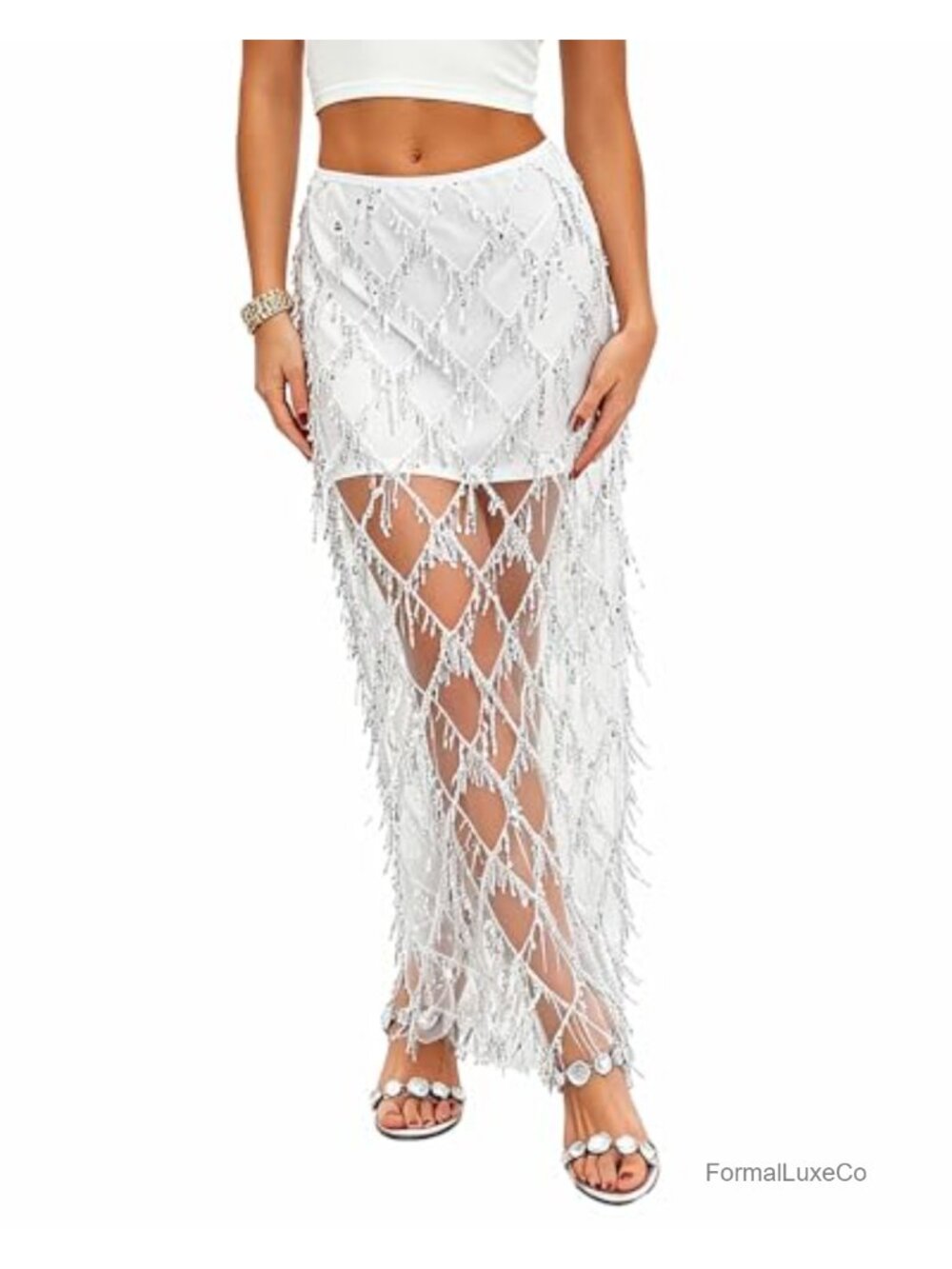 Sequin Fringe Maxi Pencil Skirt Polyester Sparkle Party